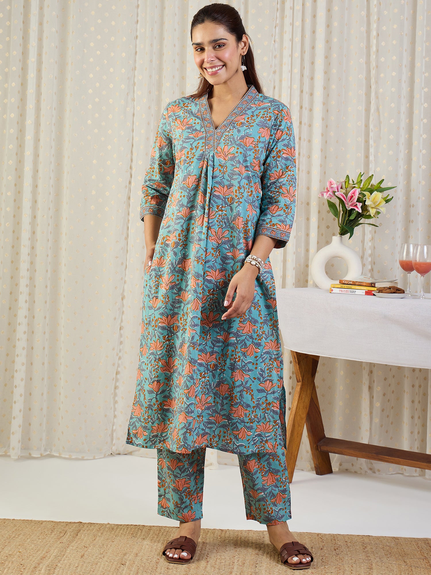 Indo Era Blue Printed A-Line Kurta Trousers Set