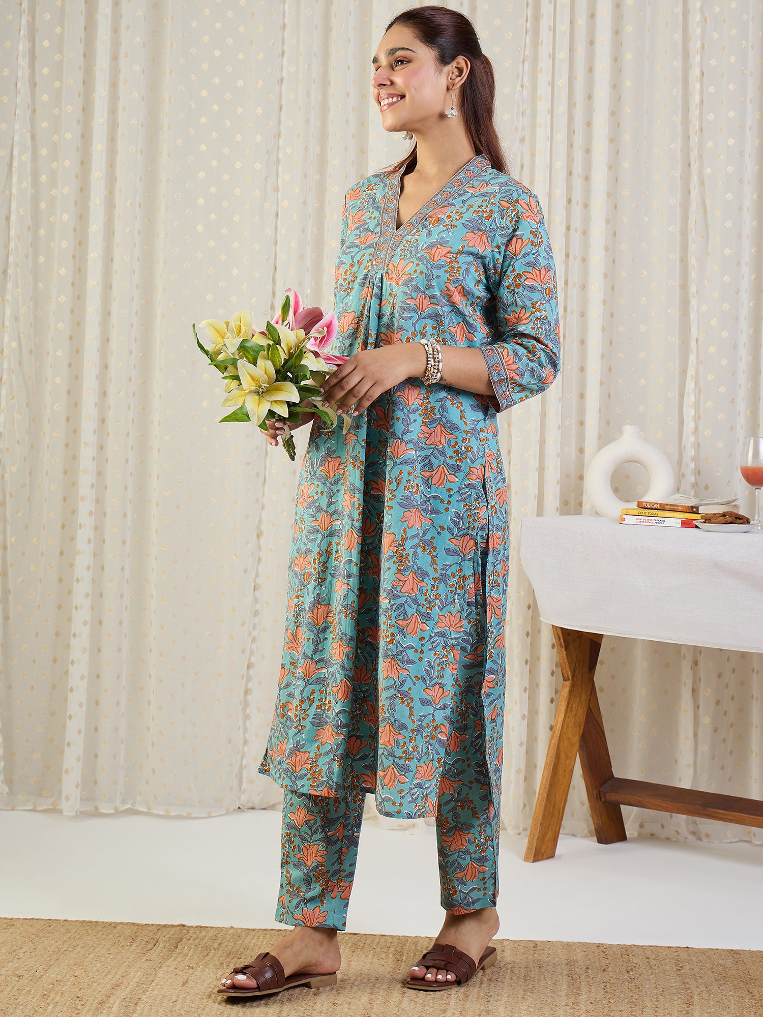 Indo Era Blue Printed A-Line Kurta Trousers Set
