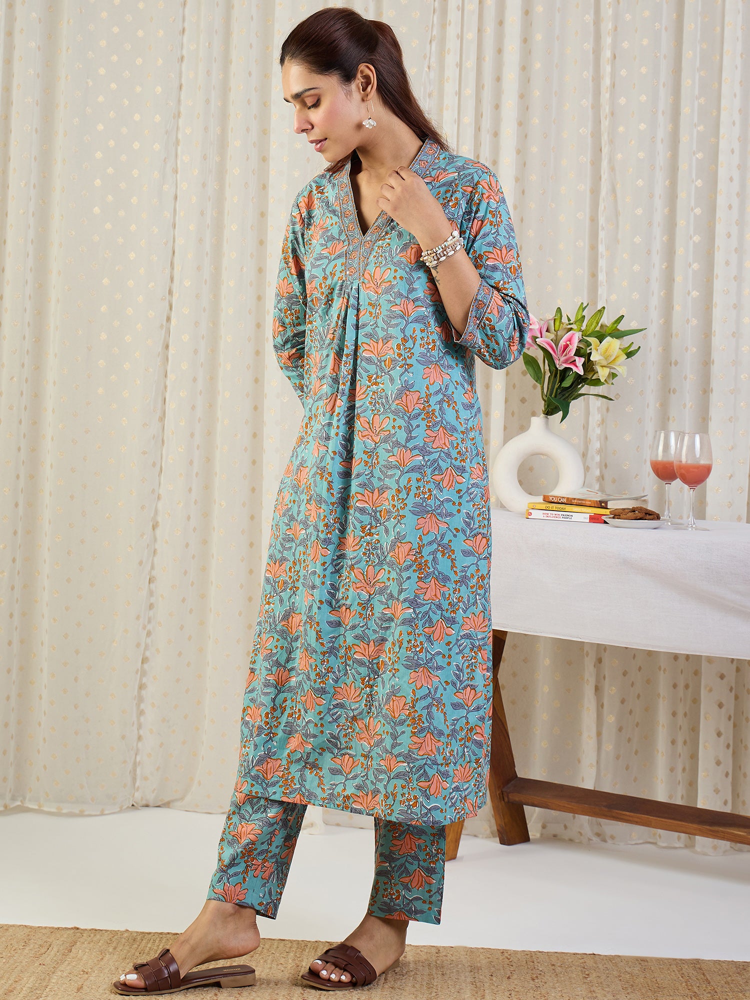 Indo Era Blue Printed A-Line Kurta Trousers Set