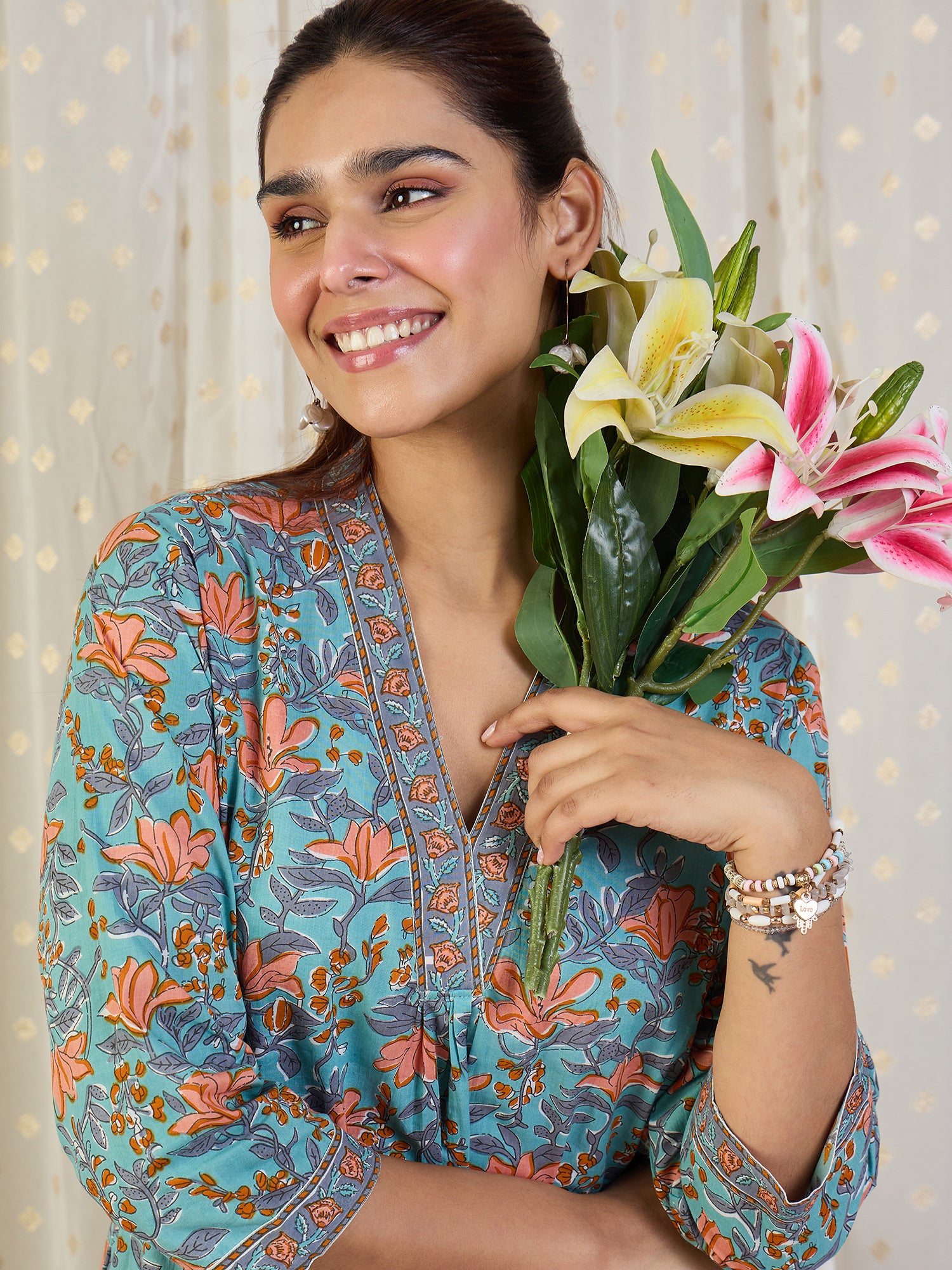 Indo Era Blue Printed A-Line Kurta Trousers Set