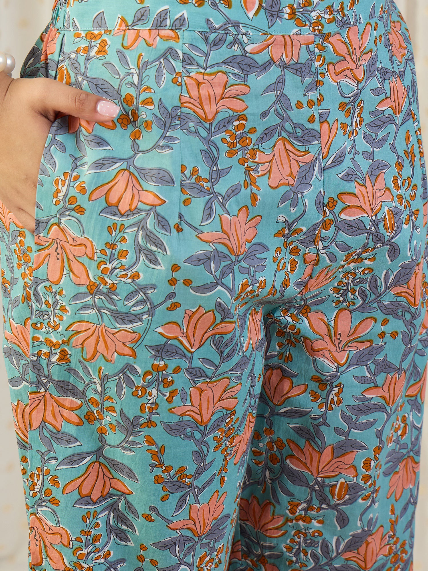 Indo Era Blue Printed A-Line Kurta Trousers Set