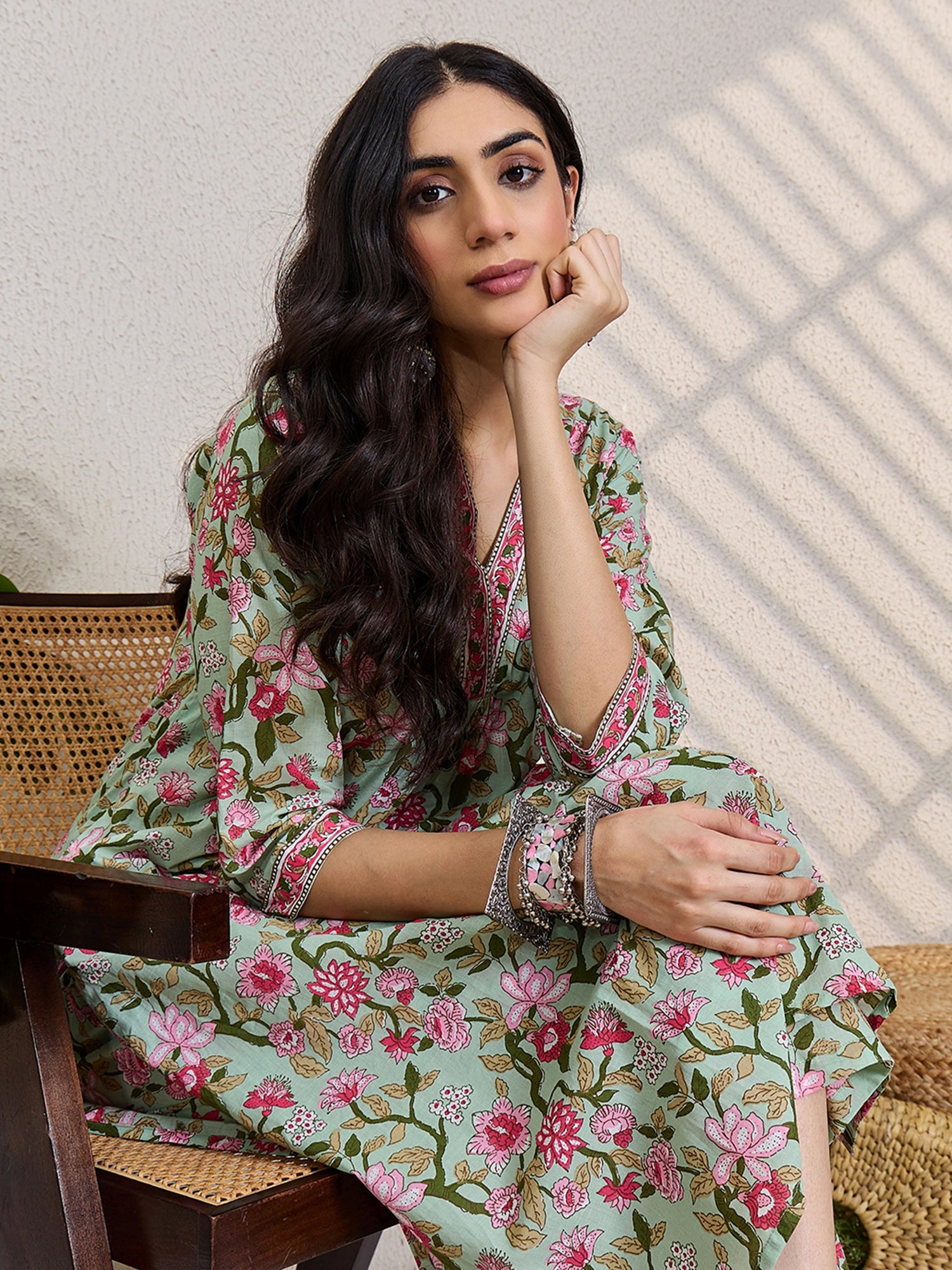 Sea Green Printed Pure Cotton A-Line Kurta Trouser Set