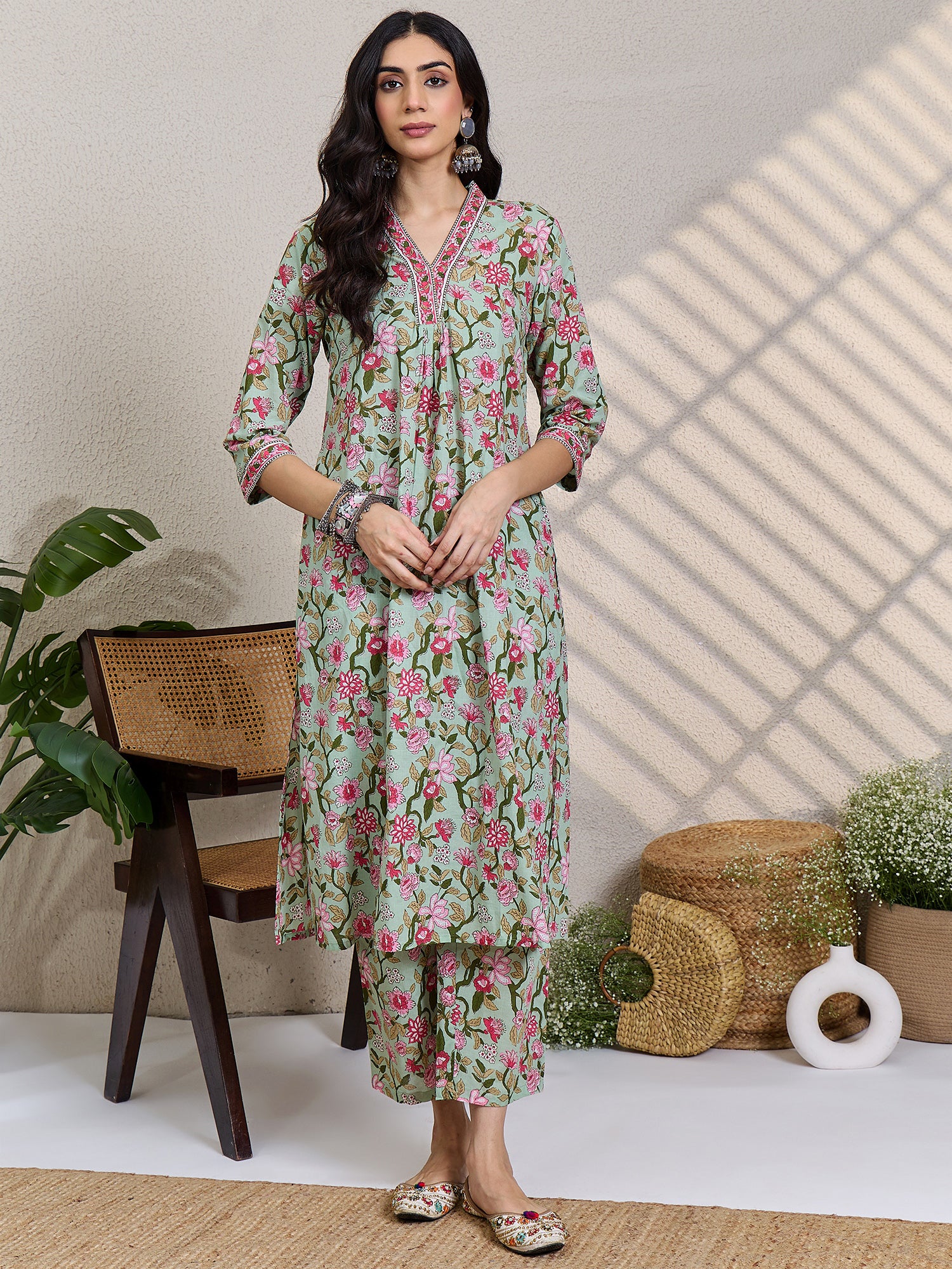 Sea Green Printed Pure Cotton A-Line Kurta Trouser Set