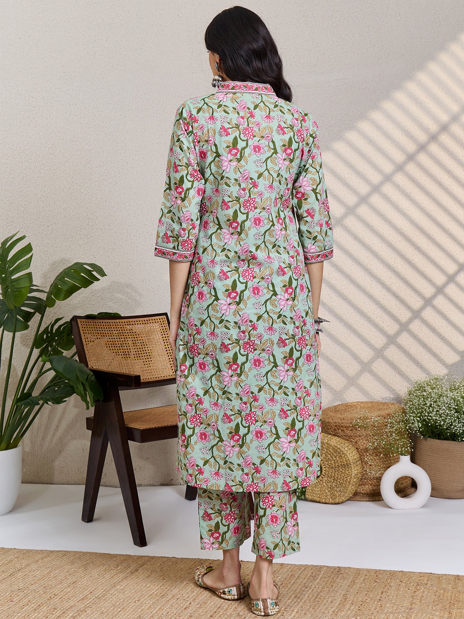 Sea Green Printed Pure Cotton A-Line Kurta Trouser Set