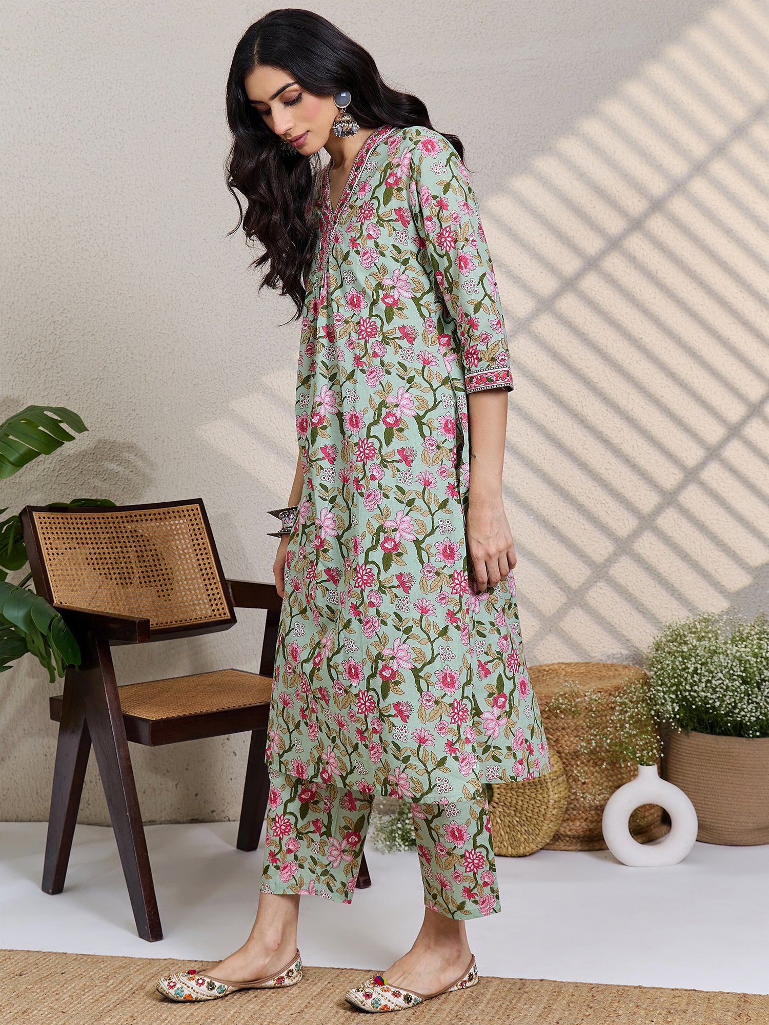 Sea Green Printed Pure Cotton A-Line Kurta Trouser Set