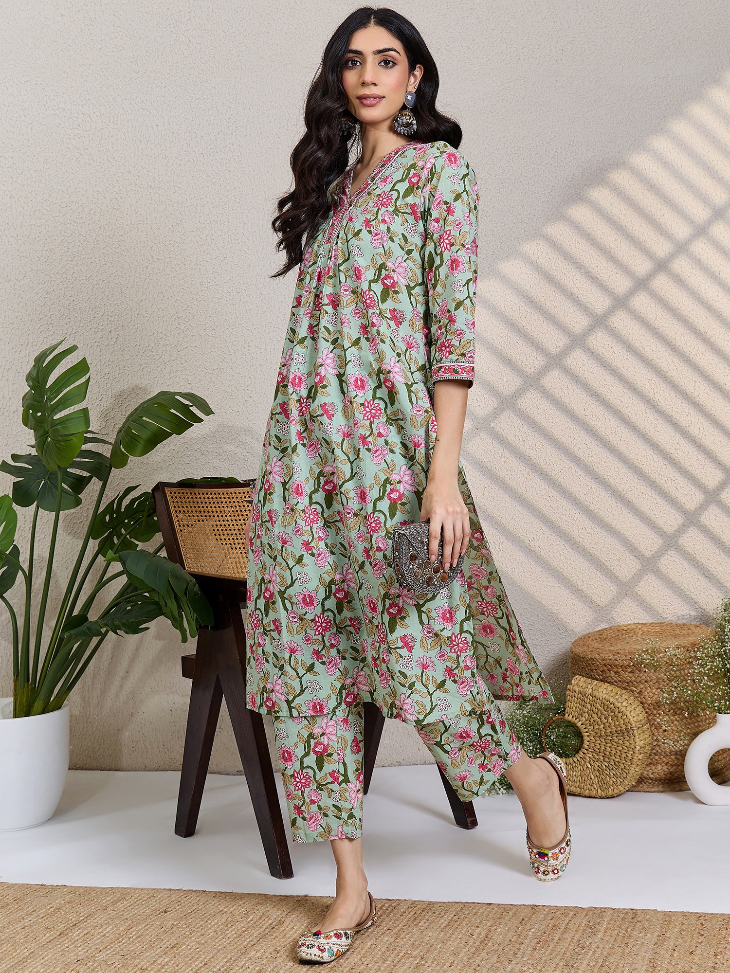 Sea Green Printed Pure Cotton A-Line Kurta Trouser Set