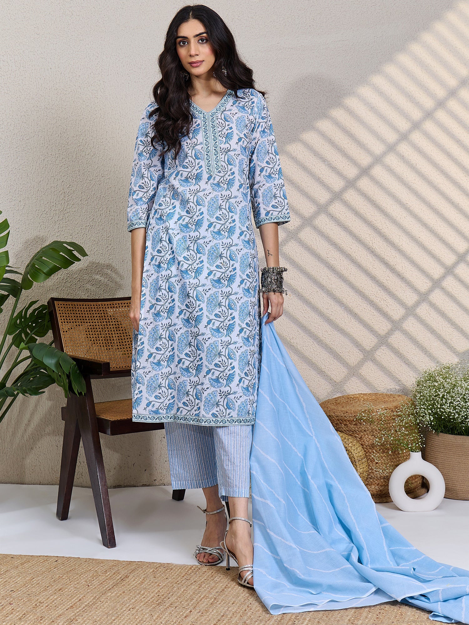 White Printed Pure Cotton Straight V-Neck Kurta Sets With Dupatta