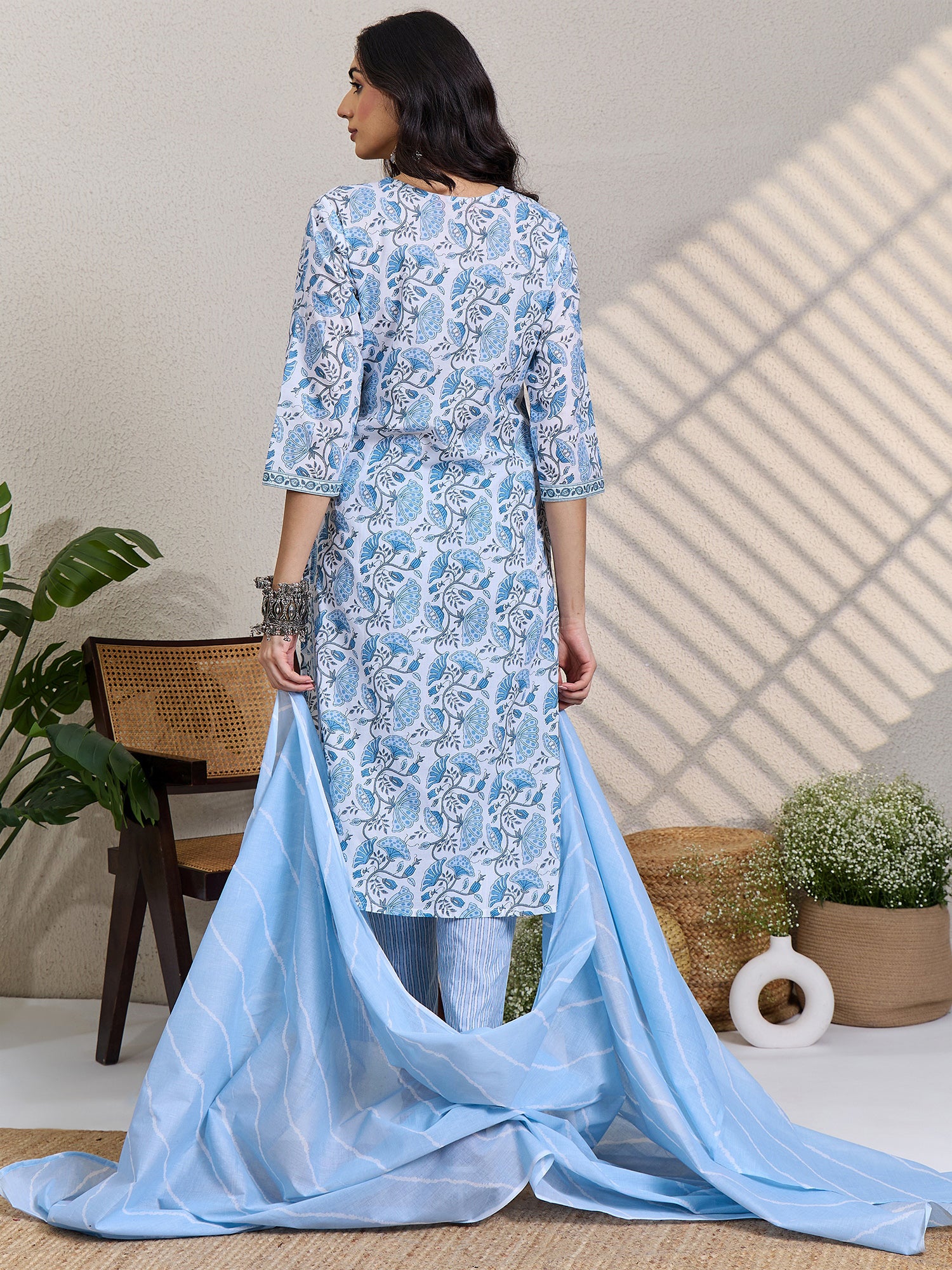 White Printed Pure Cotton Straight V-Neck Kurta Sets With Dupatta