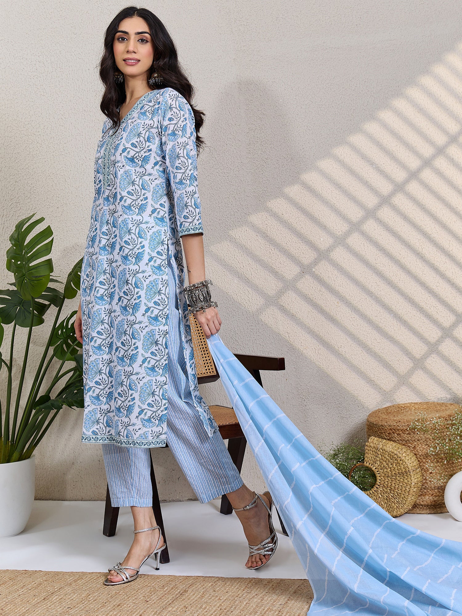 White Printed Pure Cotton Straight V-Neck Kurta Sets With Dupatta