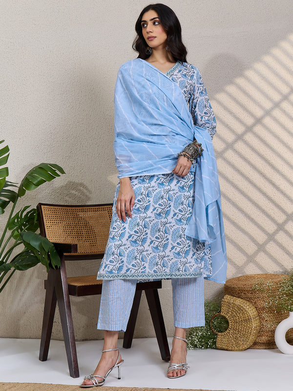 White Printed Pure Cotton Straight V-Neck Kurta Sets With Dupatta