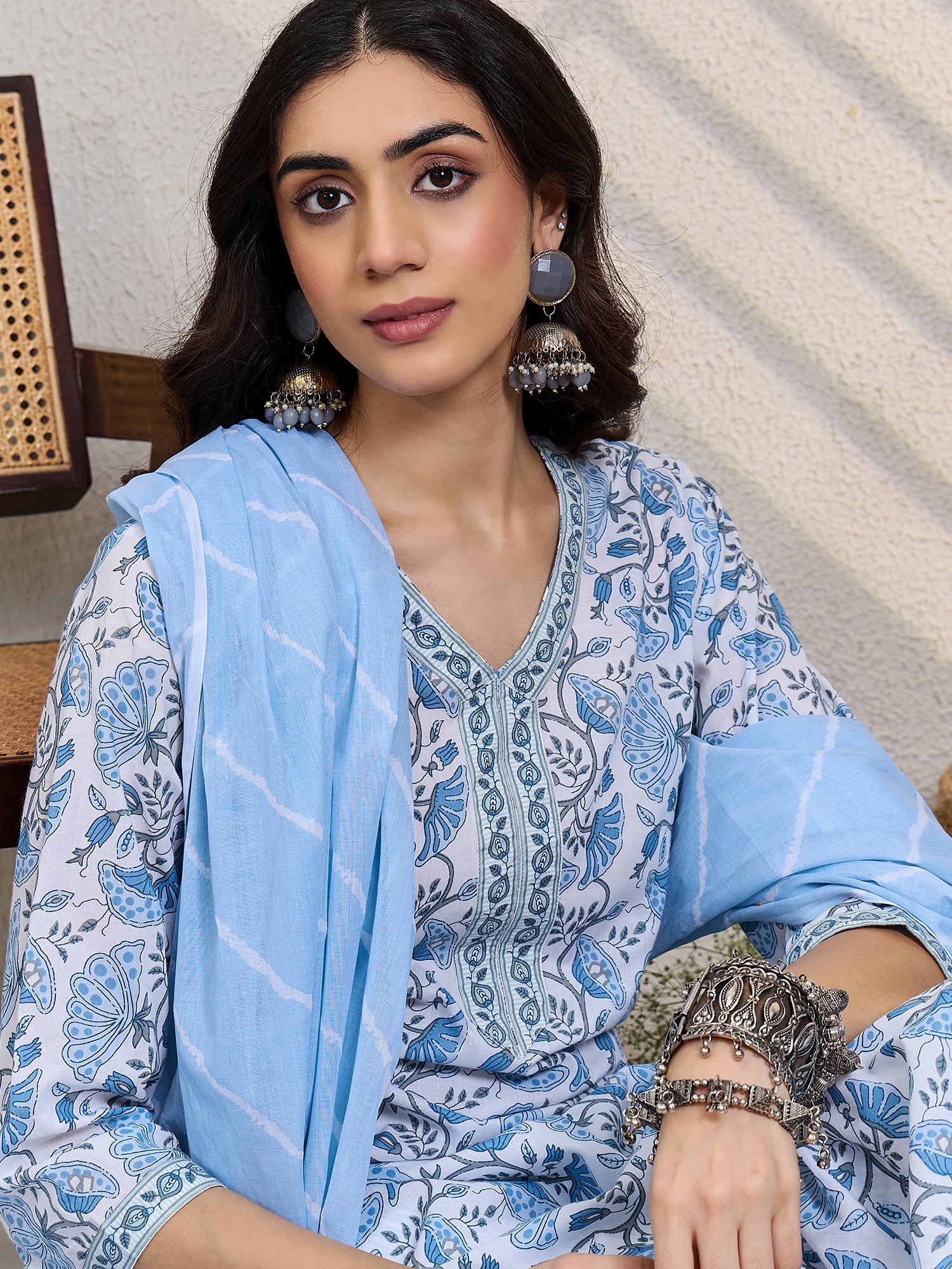 White Printed Pure Cotton Straight V-Neck Kurta Sets With Dupatta