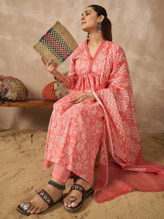 Indo Era Peach Printed A-Line Kurta Trousers With Dupatta Set
