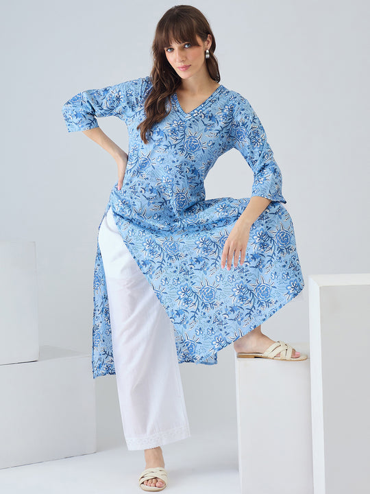 Blue Printed Cotton Floral Straight Kurtas