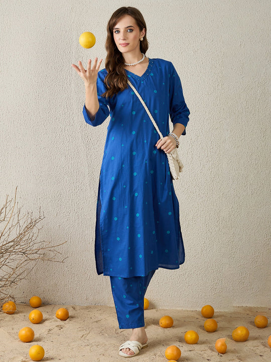 Blue Printed Pure Cotton Straight Kurta Trousers Set