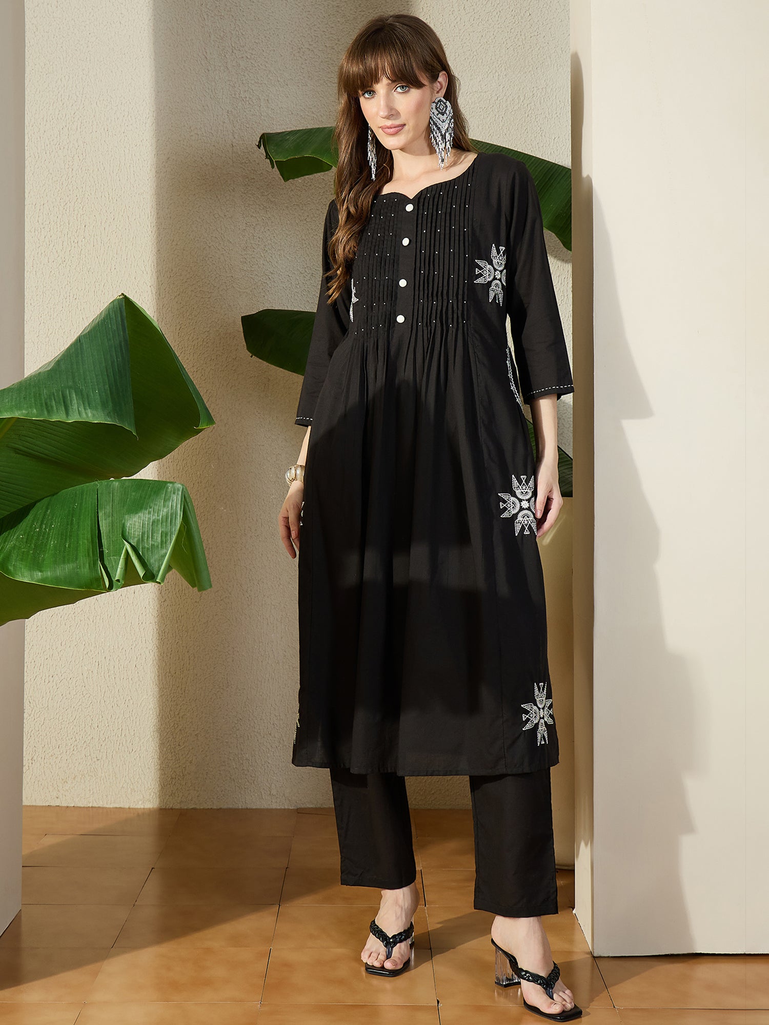 Black Embroidered Pure Cotton A-Line Kurta Trouser Set