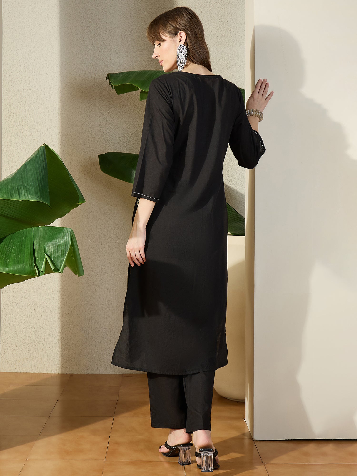 Black Embroidered Pure Cotton A-Line Kurta Trouser Set