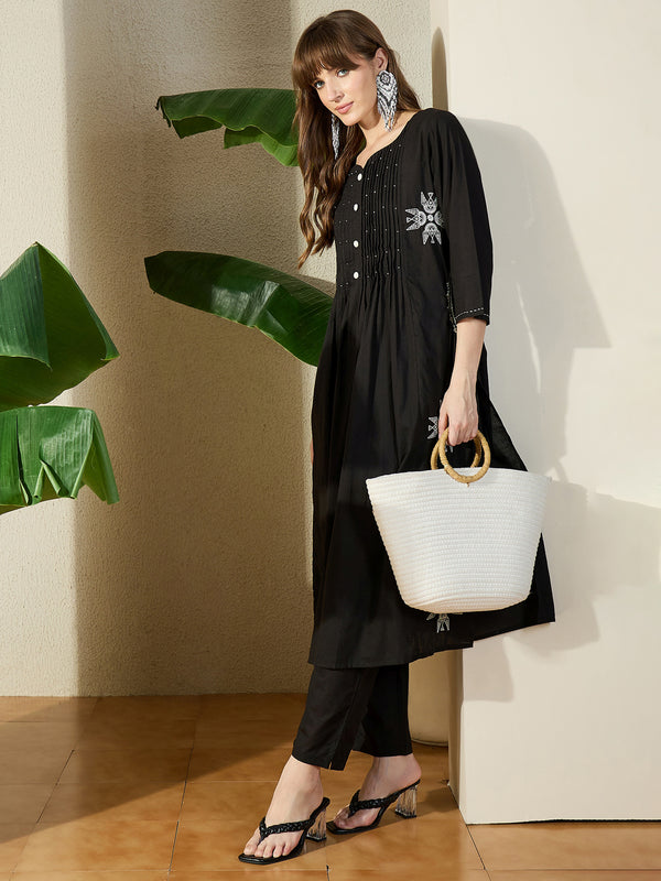 Black Embroidered Pure Cotton A-Line Kurta Trouser Set