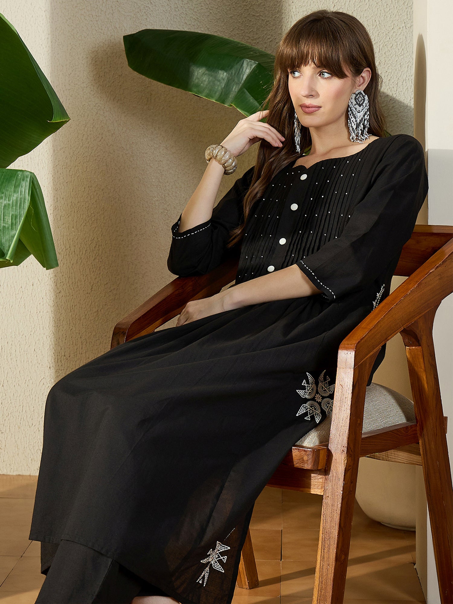 Black Embroidered Pure Cotton A-Line Kurta Trouser Set