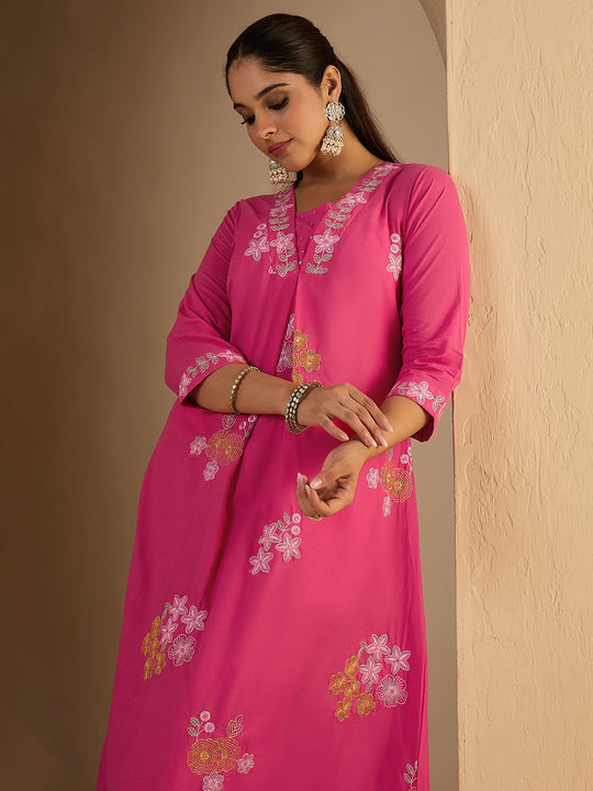 Pink Embroidered Pure Cotton A-Line Kurta Trouser Set