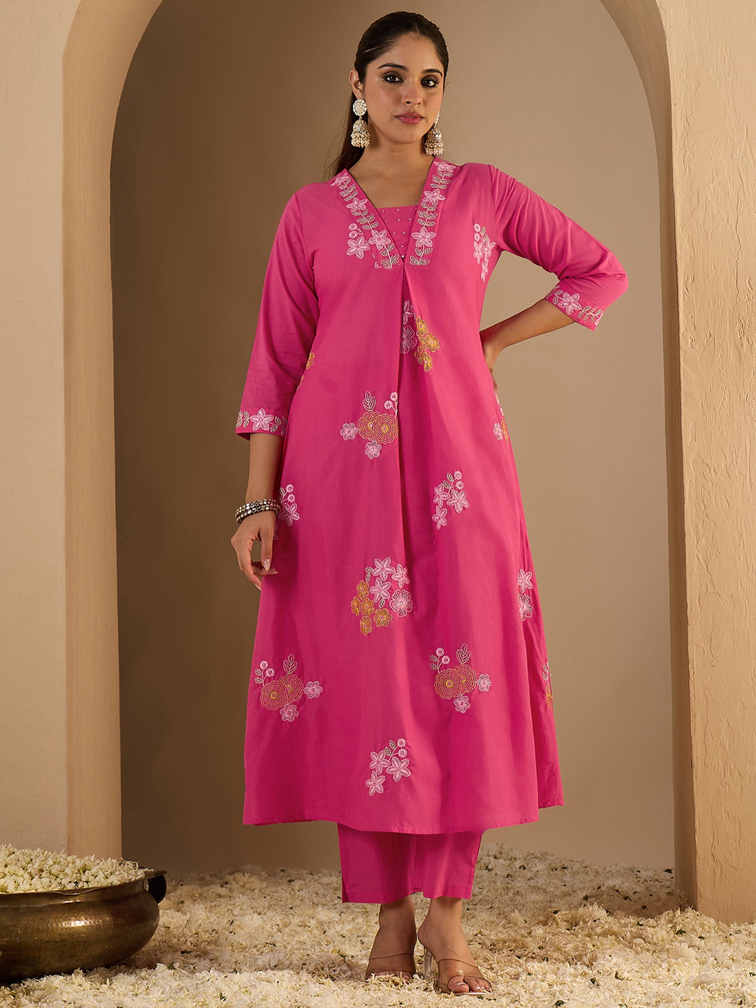 Pink Embroidered Pure Cotton A-Line Kurta Trouser Set