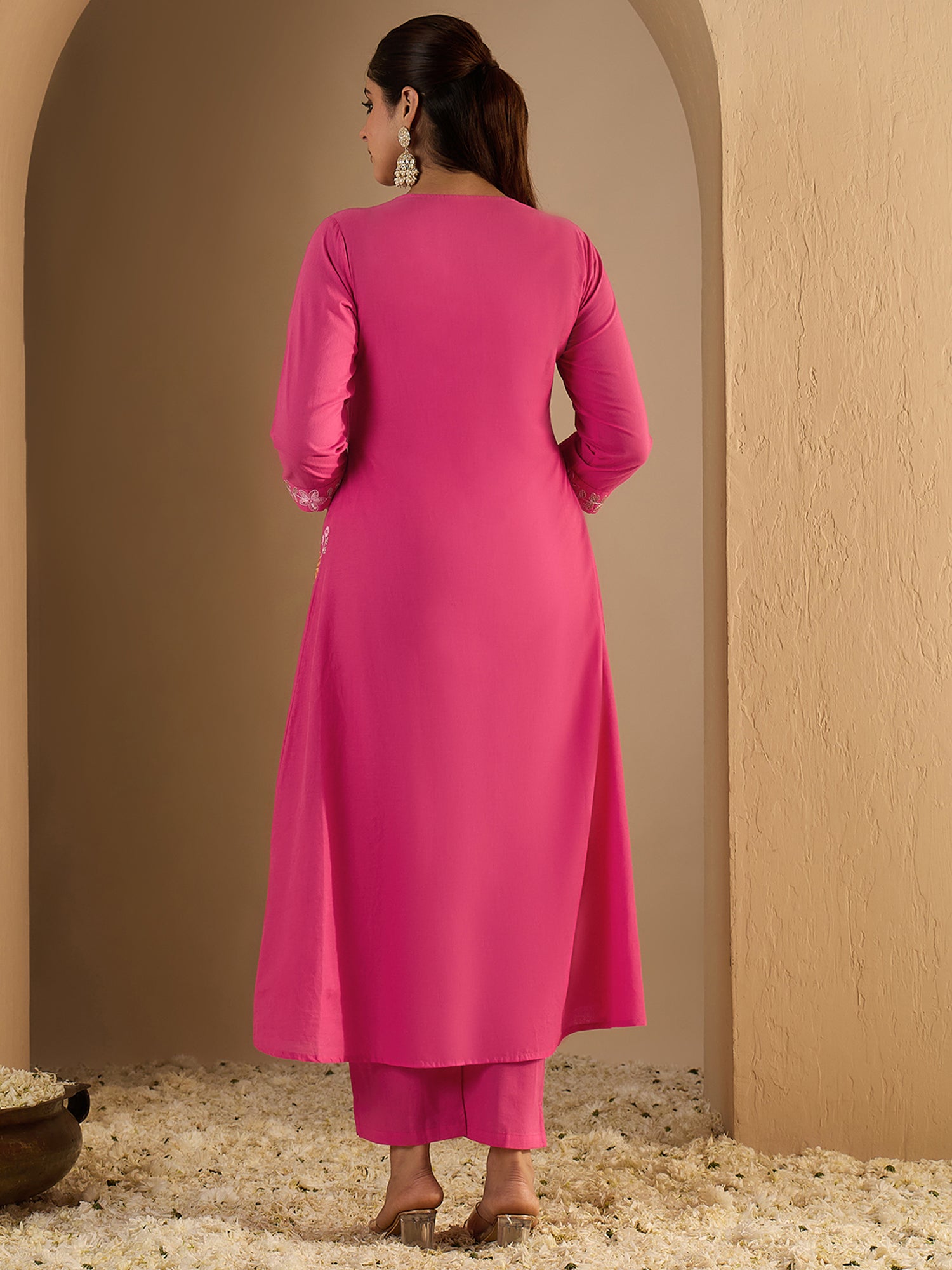 Pink Embroidered Pure Cotton A-Line Kurta Trouser Set