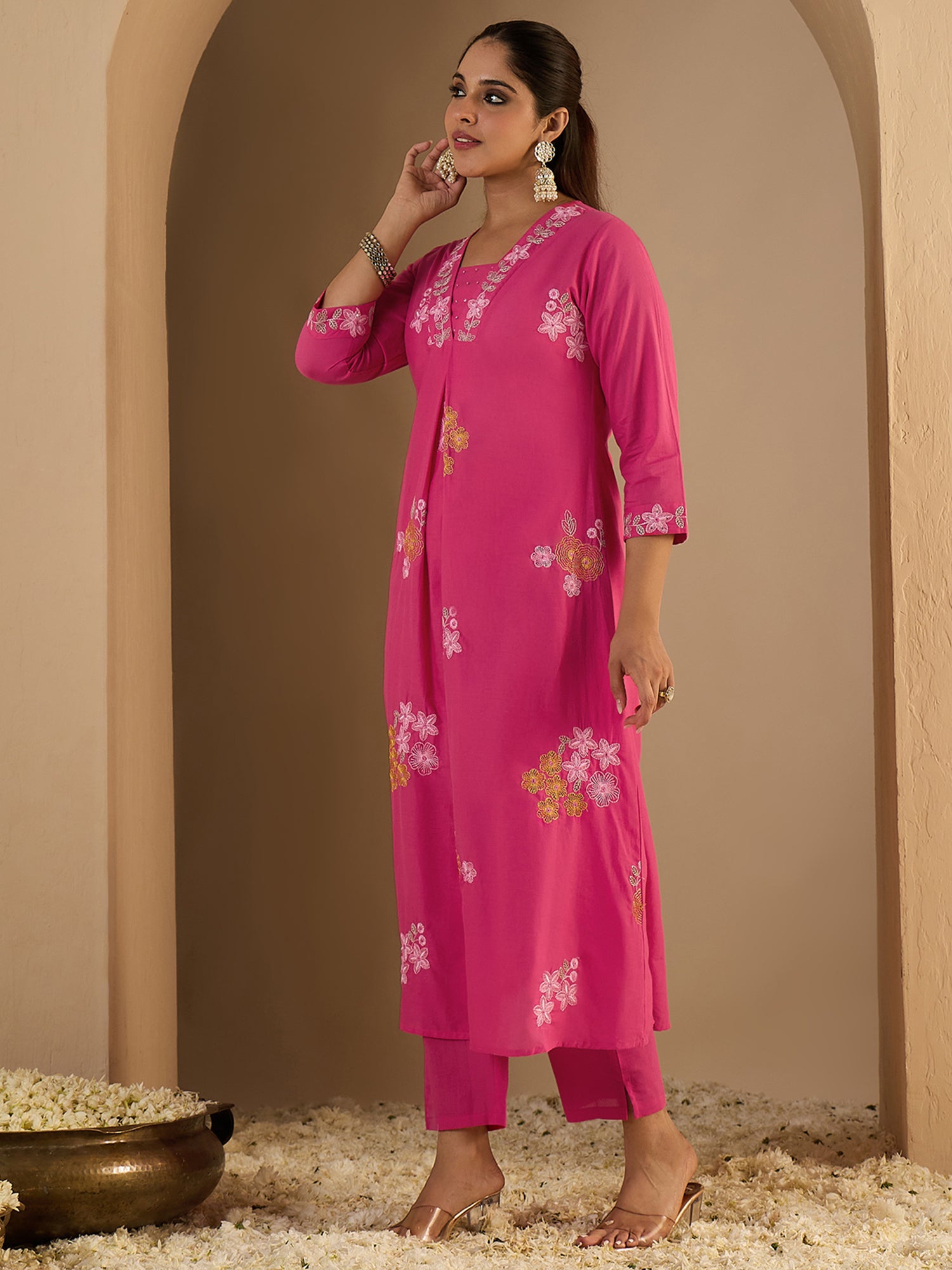 Pink Embroidered Pure Cotton A-Line Kurta Trouser Set