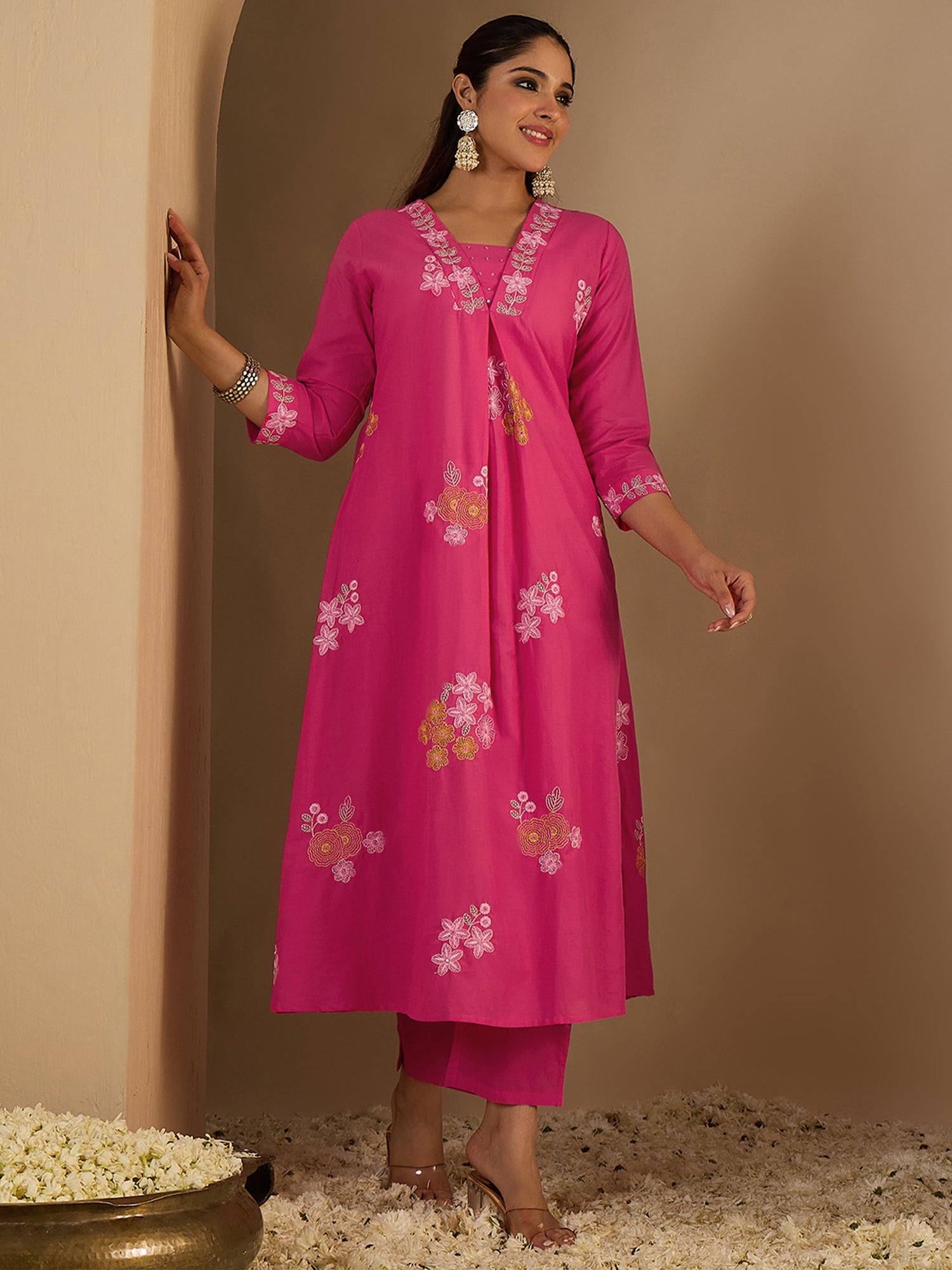 Pink Embroidered Pure Cotton A-Line Kurta Trouser Set