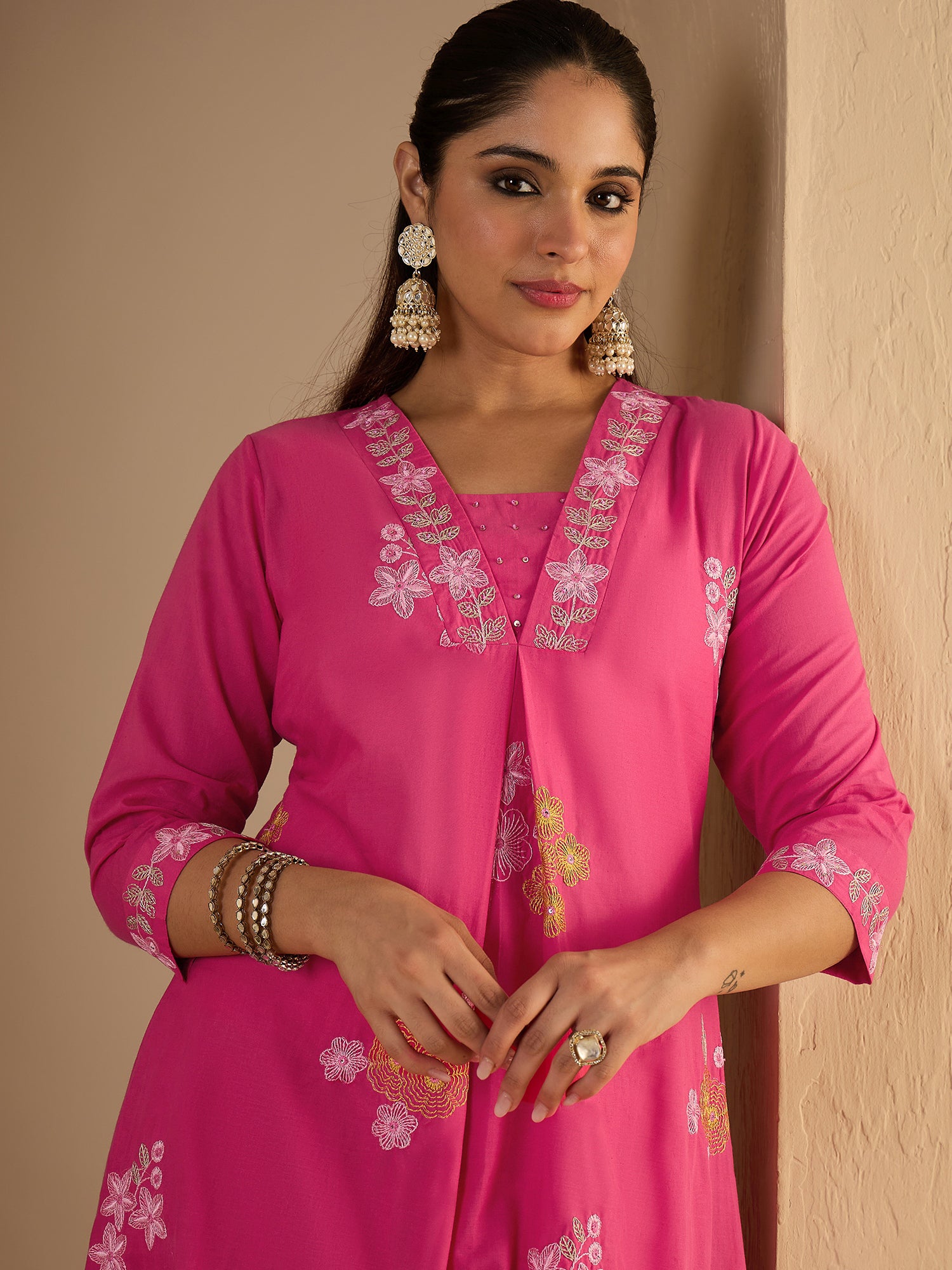 Pink Embroidered Pure Cotton A-Line Kurta Trouser Set