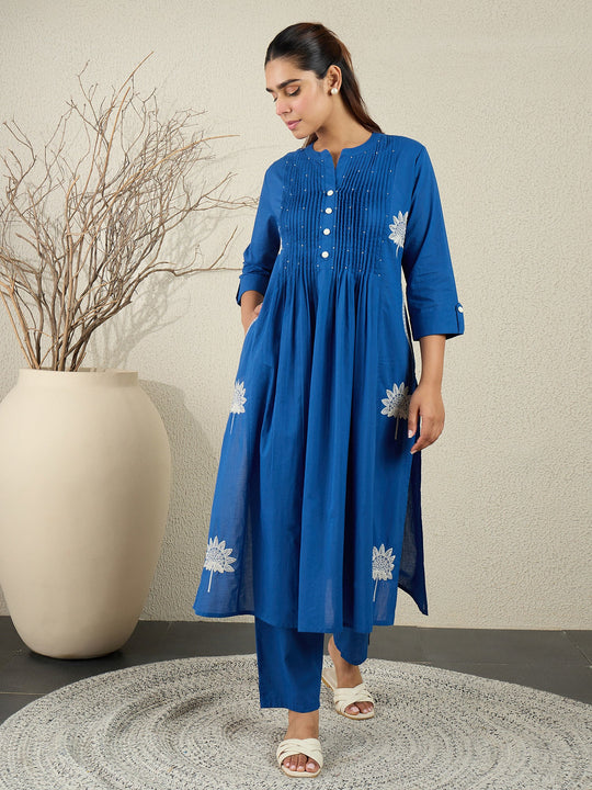 Blue Embroidered A-Line Pure Cotton Kurta Sets