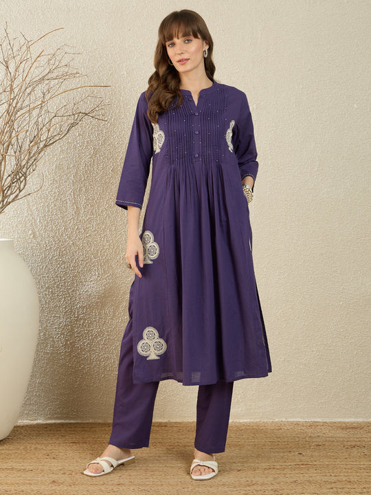 Indo Era Purple Embroidered A-Line Kurta Trousers NA Set