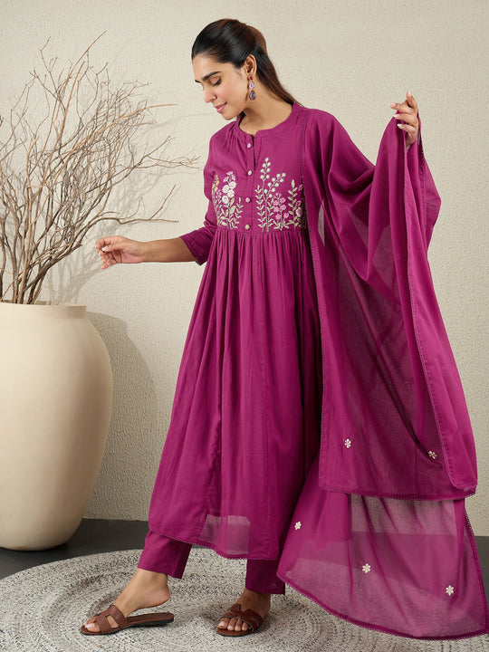 Burgundy Embroidered Anarkali Pure Cotton Kurta Sets