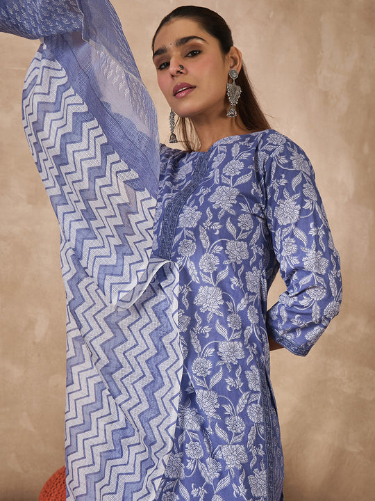 Indo Era Lavender Printed Straight Kurta Trousers With Dupatta Set