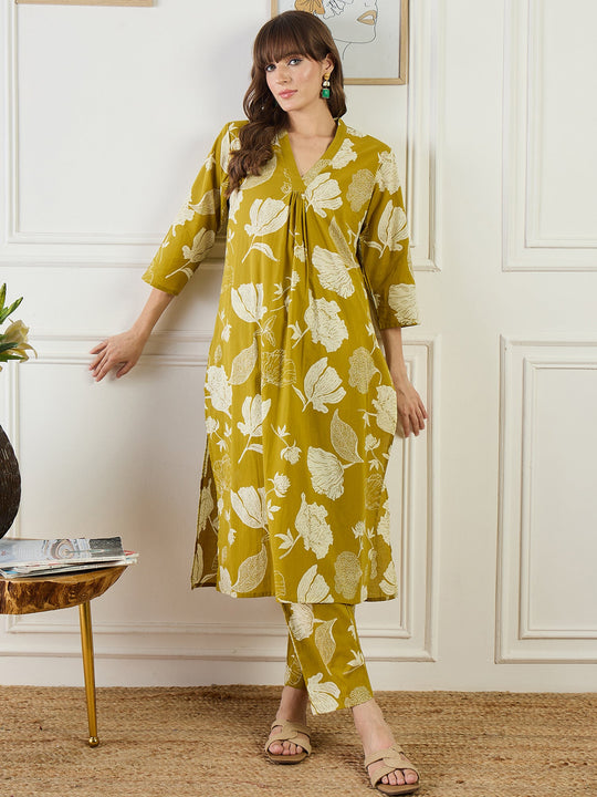 Mustard Printed Pure Cotton Straight Kurta Sets