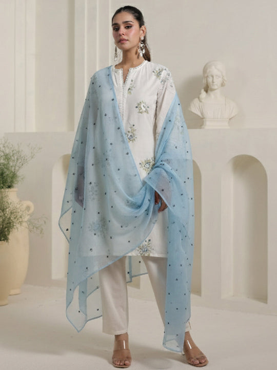 Indo Era Off White Embroidered Straight Kurta Trousers With Dupatta Set