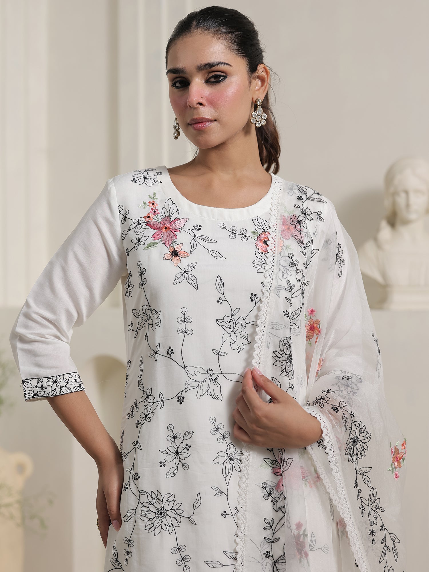 White Embroidered Silk Blend Straight Round Neck Kurta Sets With Dupatta