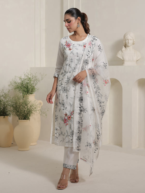 White Embroidered Silk Blend Straight Round Neck Kurta Sets With Dupatta