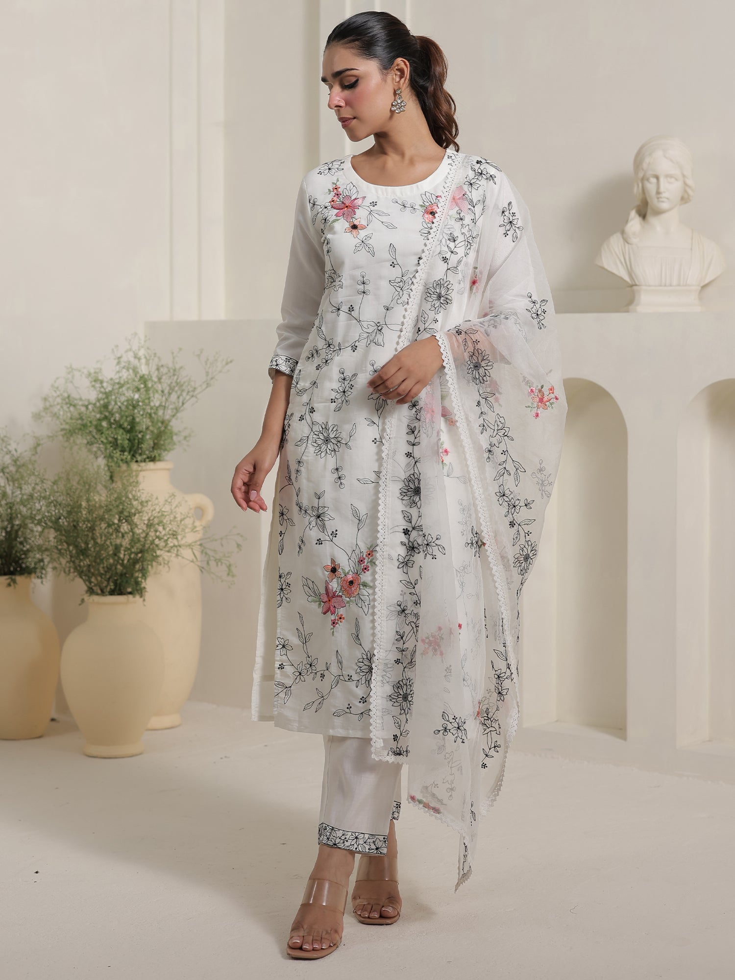 White Embroidered Silk Blend Straight Round Neck Kurta Sets With Dupatta