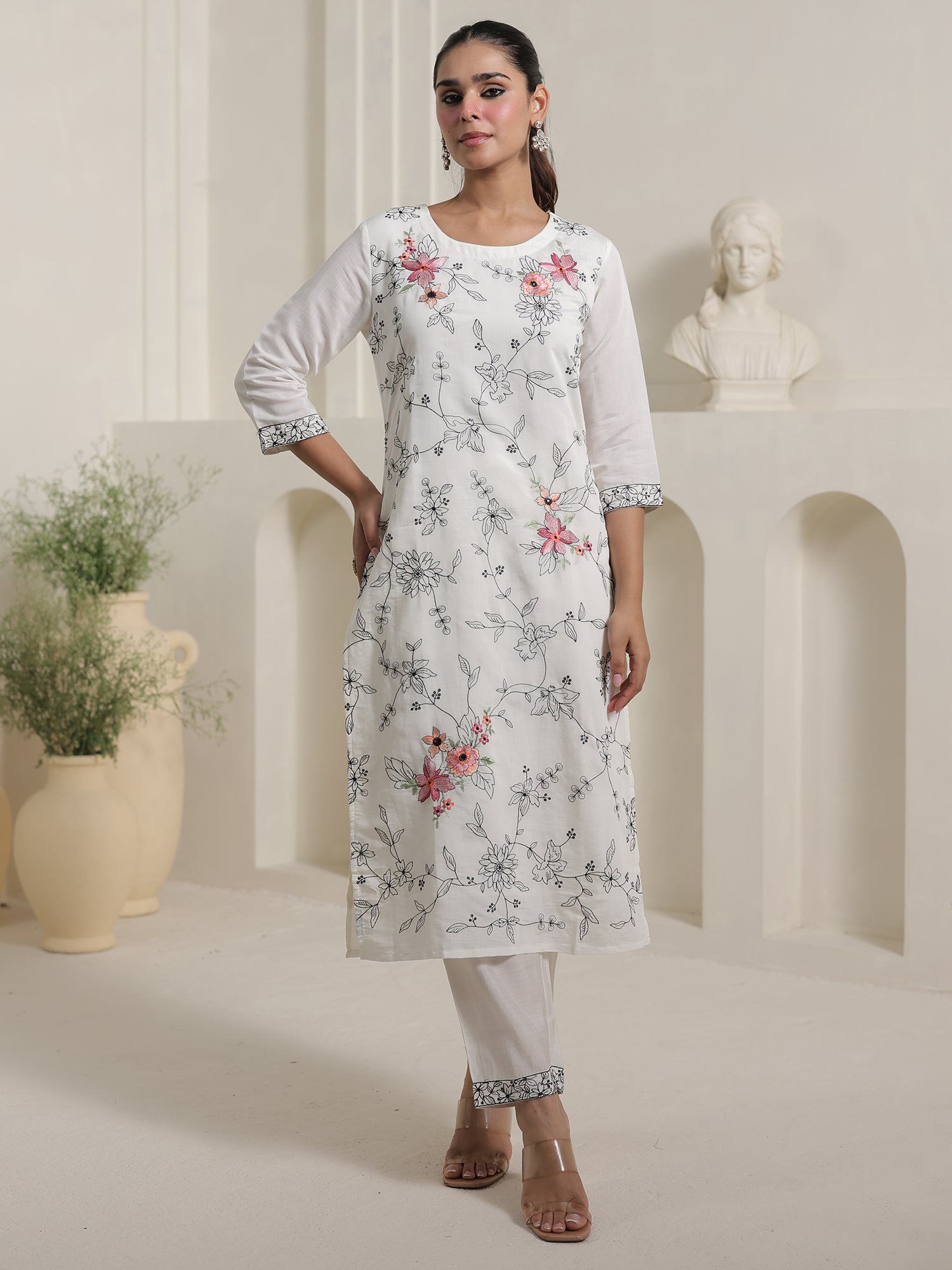 White Embroidered Silk Blend Straight Round Neck Kurta Sets With Dupatta