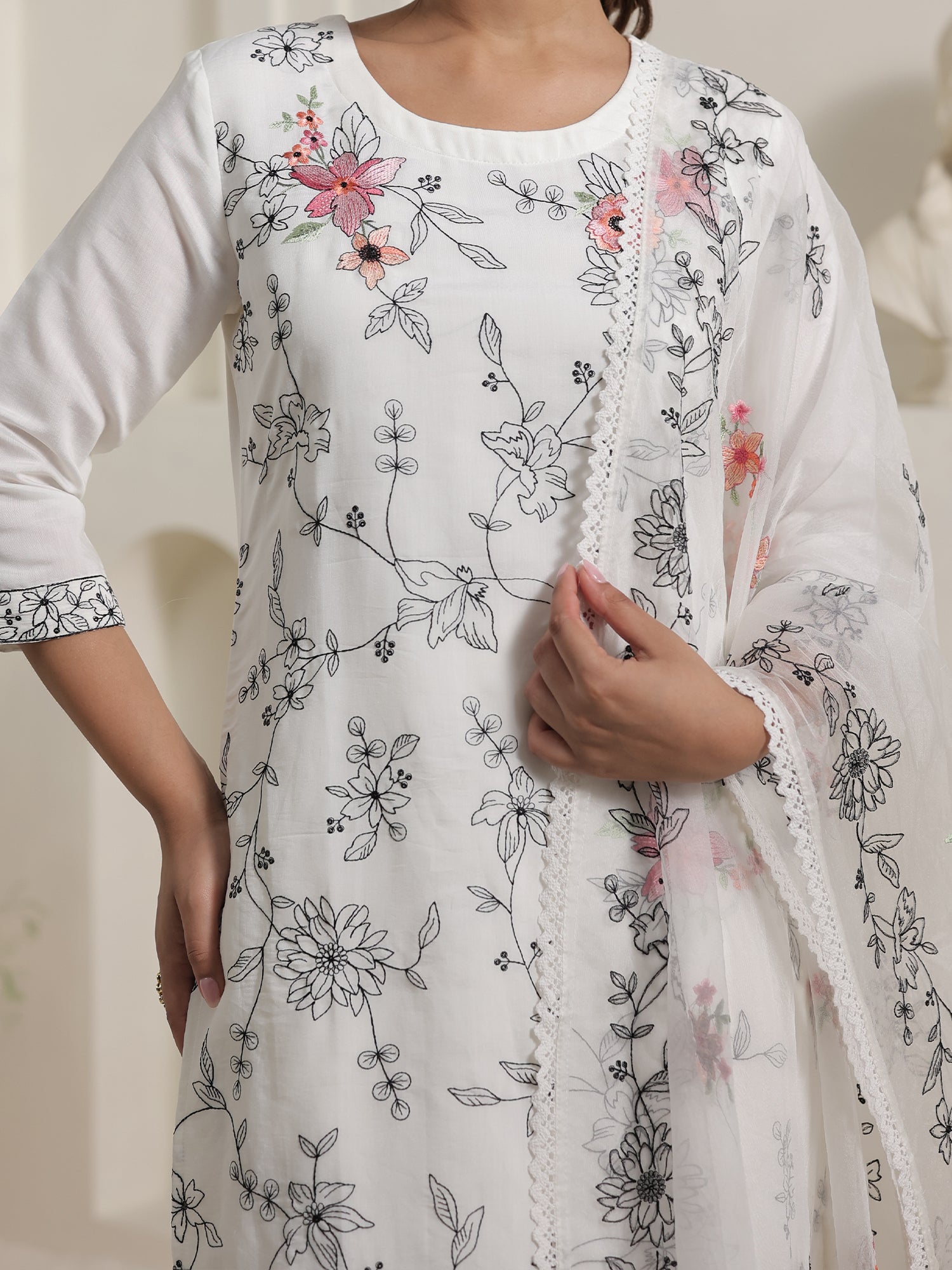 White Embroidered Silk Blend Straight Round Neck Kurta Sets With Dupatta