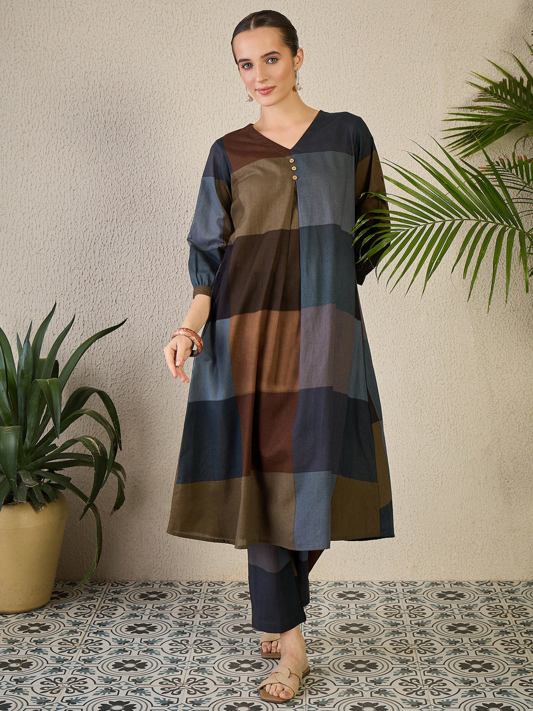 Multi Embroidered Cotton Blend A-Line Kurta Trouser Set
