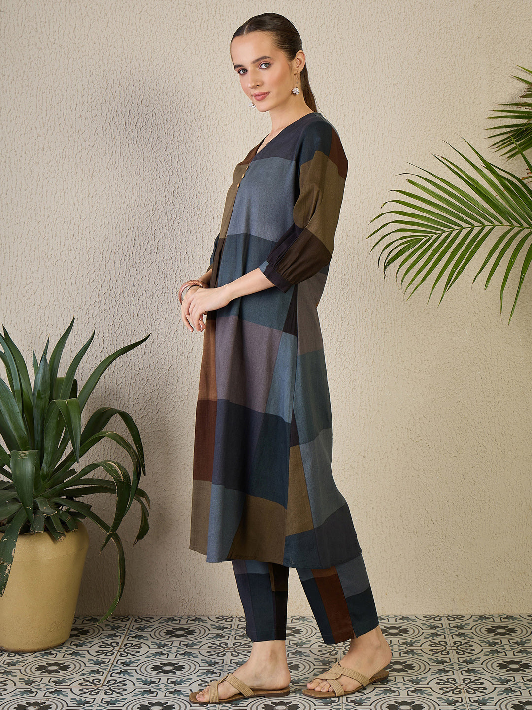 Multi Embroidered Cotton Blend A-Line Kurta Trouser Set