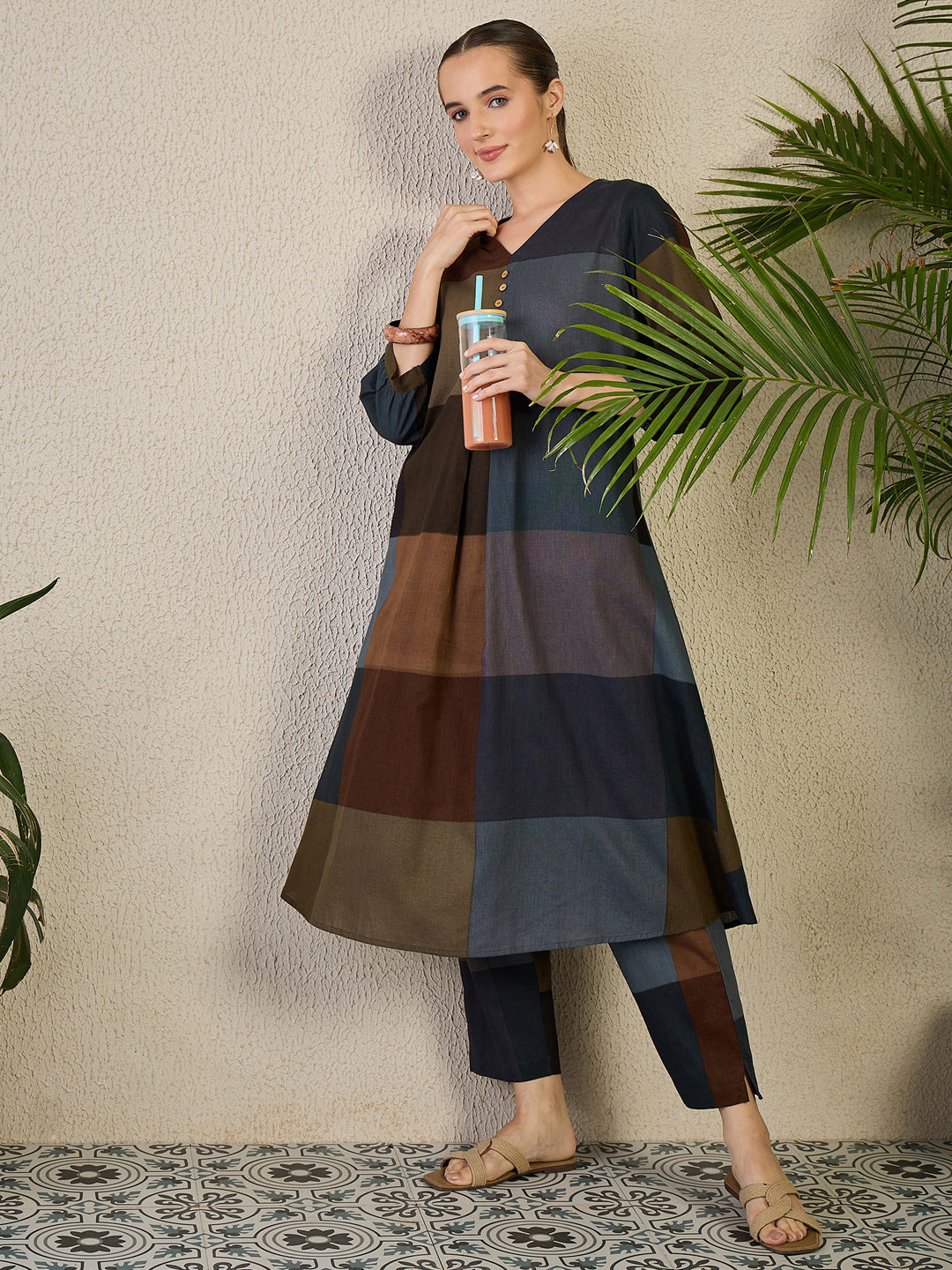 Multi Embroidered Cotton Blend A-Line Kurta Trouser Set
