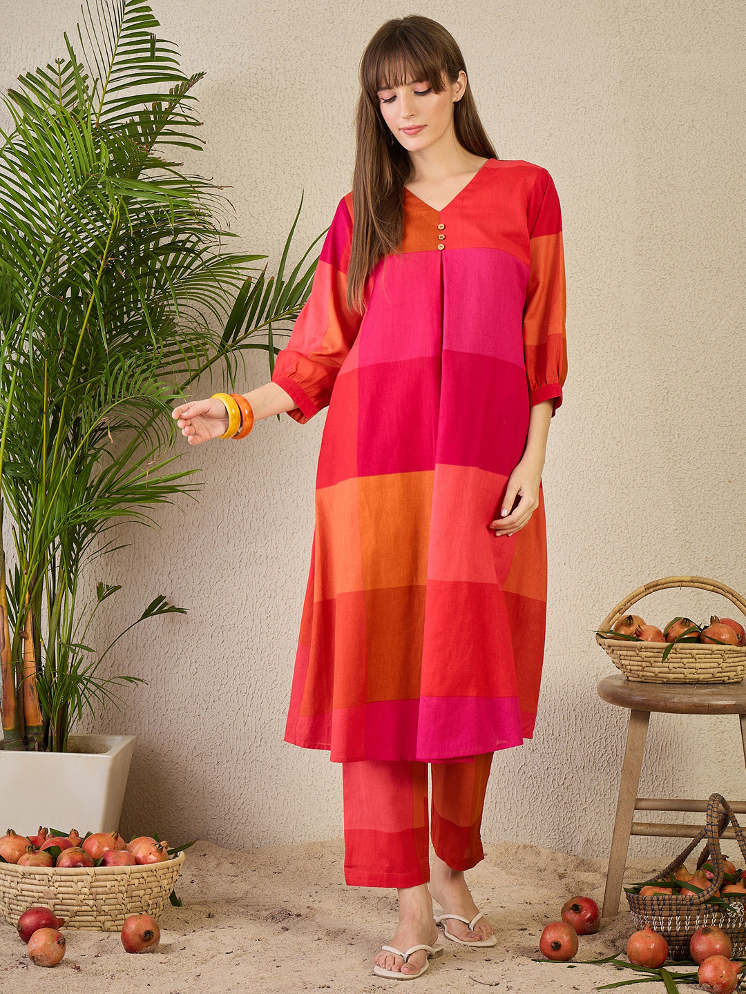 Multi Embroidered Cotton Blend A-Line Kurta Trouser Set