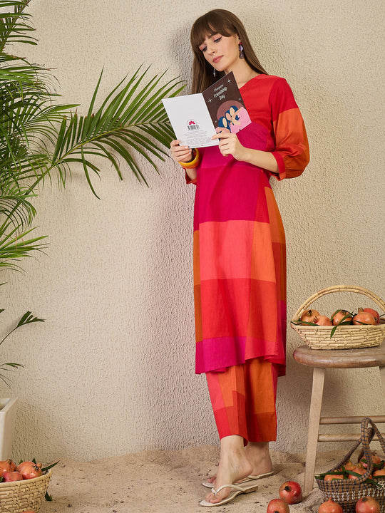 Multi Embroidered Cotton Blend A-Line Kurta Trouser Set