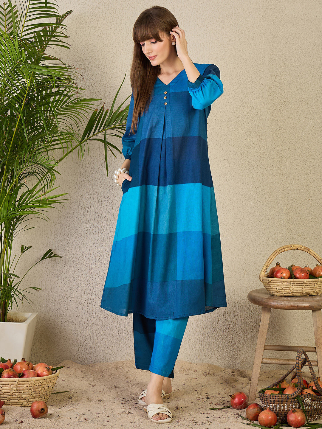 Multi Embroidered Cotton Blend A-Line Kurta Trouser Set