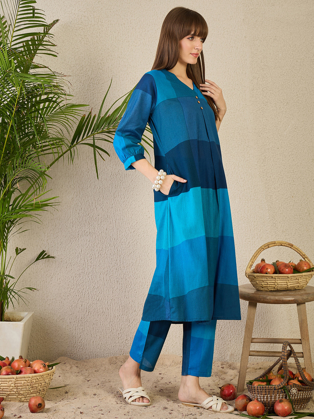 Multi Embroidered Cotton Blend A-Line Kurta Trouser Set