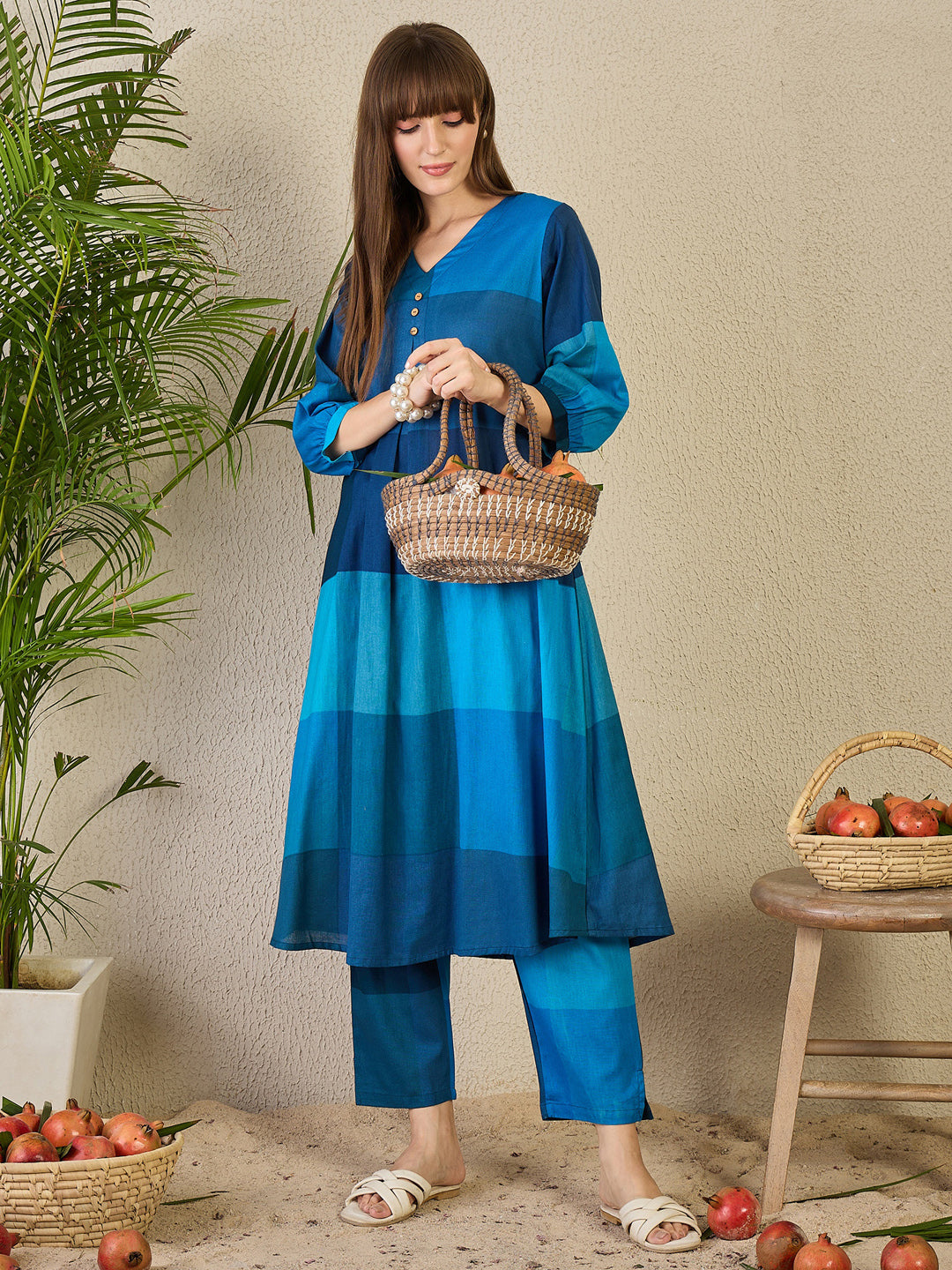 Multi Embroidered Cotton Blend A-Line Kurta Trouser Set