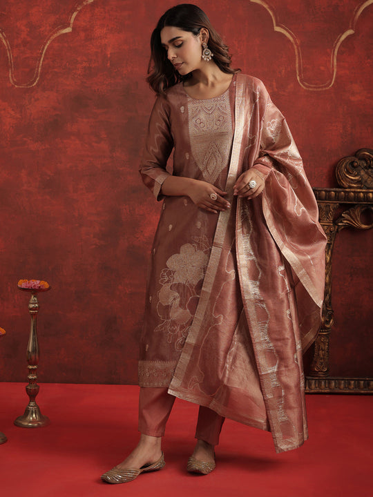 Rust Woven Design Silk Blend Straight Kurta Sets With Dupatta