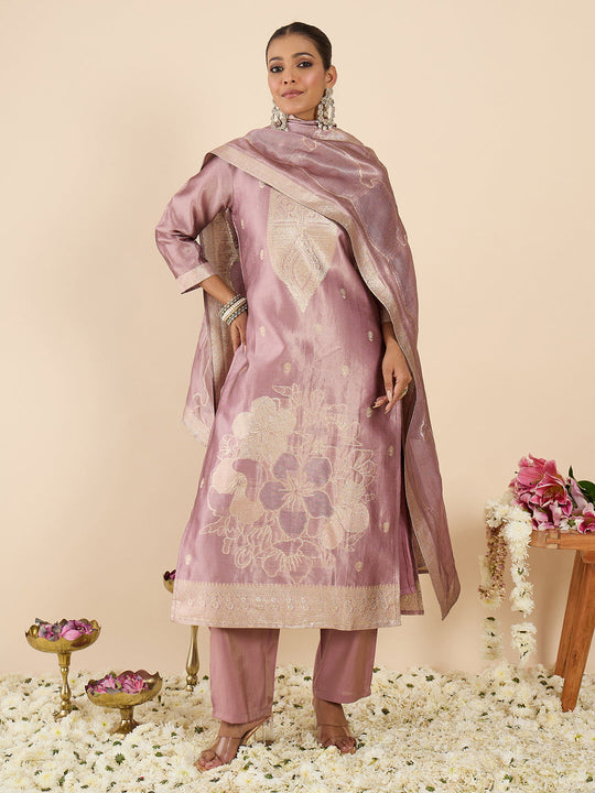 Indo Era Lavender Woven Design Straight Kurta Trousers With Dupatta set