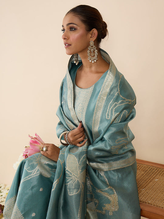 Indo Era Blue Woven Design Straight Kurta Trousers With Dupatta set